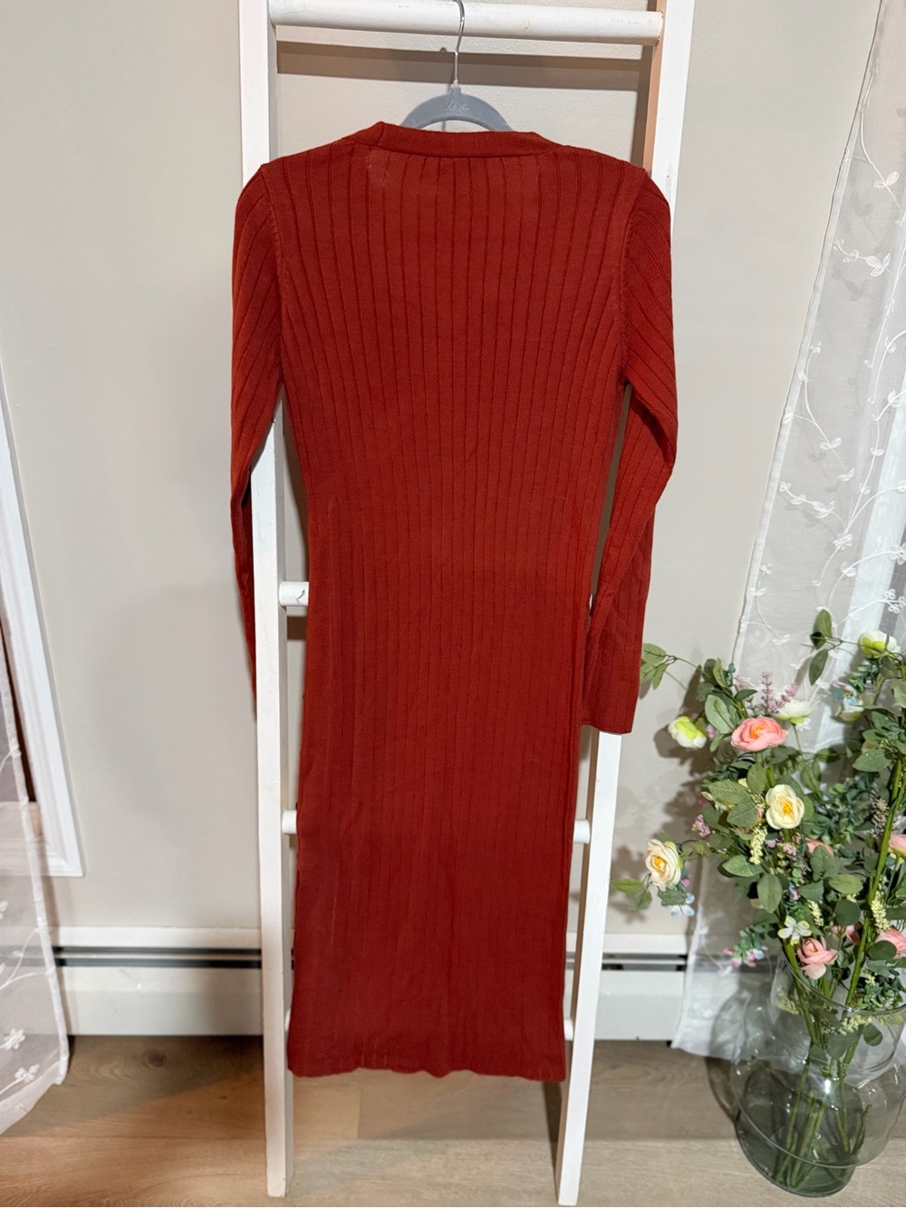 ASOS Ribbed Wrap-Style Midi Dress in Brick Red - Picture 5 of 6